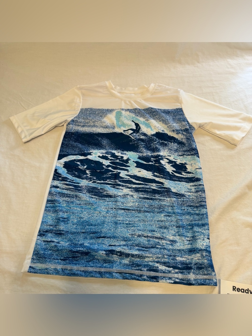Wave Zone Boys White & Blue Surf Graphic Rash Guard swim shirt Tee size L 10/12
